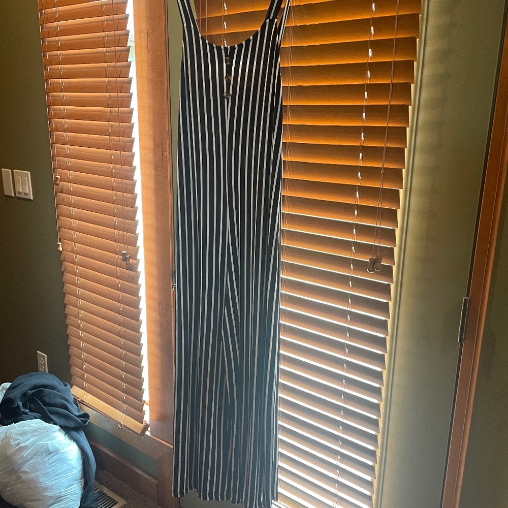 Blue and White Stripped Summer Jumpsuit.  It's made of a soft t-shirt fabric